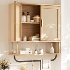 INNOD Rattan Bathroom Wall Cabinet with Towel Bar, Wall-Mounted Medicine Cabinet with Adjustable Wood Shelf & Doors, Over the Toilet Storage Cabinet for Laundry Room & Kitchen & Living Room - color: Rubberwood