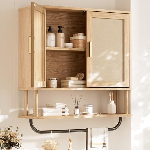 INNOD Rattan Bathroom Wall Cabinet with Towel Bar, Wall-Mounted Medicine Cabinet with Adjustable Wood Shelf & Doors, Over the Toilet Storage Cabinet for Laundry Room & Kitchen & Living Room - color: Rubberwood