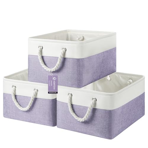 Large Storage Baskets- 15.7x11.8x8.26 inch Storage Bins for Shelves and Closet Organizing, Foldable Fabric Bin for Home Organization Clothes and Laundry (3-Pack, White&Purple) - color: WhitePurple, size: 15.7inX11.8inX8.26in-3P