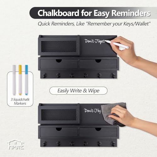 Key Holder for Wall, Key and Mail Holder for Wall with Storage Drawer, Entryway Rustic Home Decor, 3 Liquid Chalks & Chalkboard, 15.98”W x 9.1”H x 3.3”D, Black - color: Black