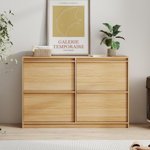 Shoe Storage Cabinet for Entryway with 4 Flip Drawers, Wooden Shoe Organizer Cabinet with Adjustable Shelf, Slim Freestanding Shoe Rack for Entryway, Hallway, Living Room, Natural Oak - color: Natural Oak