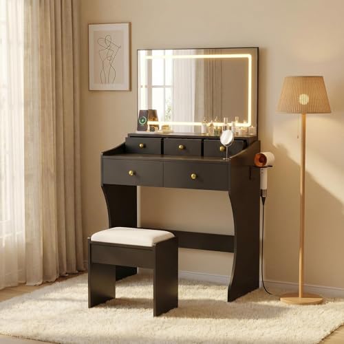 Garvee 31.5-Inch Wide Vanity with Chair, Womens Vanity with Stool, LED Mirror, Hairdryer Holder, Power Outlet, 3 Lighting Color Adjustable - color: Black Vanity With Chair