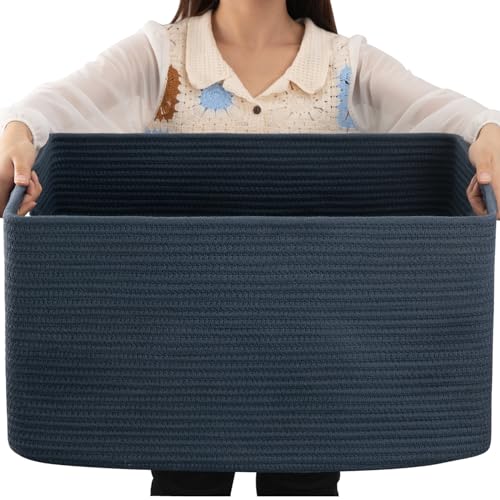 OIAHOMY 75L Large Blanket Basket, Woven Storage Basket with Handle, Cotton Rope Basket 22”x17”x12”,Blanket Basket Living Room, Toy Basket for Nursery, Blue - color: Blue, size: 22”x17”x12”