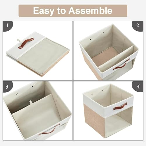 Bagnizer Storage Cubes, 4 Pack Linen Foldable Storage Bins with Clear Window and 2 Handles, 13x15x13 Storage Cube Bins for Shelf Closet, Kallax, Clothes, Books - (Beige and White) - color: Beige / Off-White, size: 13 x 15 x 13