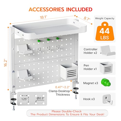 ARES WING Clamp On Desk Pegboard with 16 inches Organizer Shelf, Adjustable Above or Under Desk Storage Shelf Holds 44 lbs, Magnetic Metal Peg Board for Office and Gaming Accessories, White - color: White, size: Pegboard Shelf