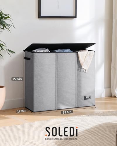 SOLEDI 180L Laundry Hamper 3 Section, Extra Large Laundry Hamper with Lid, Dirty Clothes Hamper with Sturdy Handle, Large Laundry Basket Organizer for Laundry Room, Bedroom, Hampers for Laundry - color: Grey, size: 180L