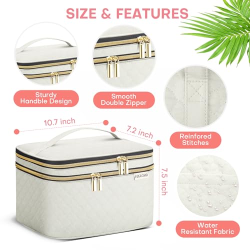 HXLGMD Large Makeup Bag with Mirror Double Layer Travel Make Up Organizer Case, Large Capacity Coemetic with Brush Slot Divider, Travel Toiletry Bag for Women - White/Beige - color: Beige
