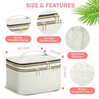 HXLGMD Large Makeup Bag with Mirror Double Layer Travel Make Up Organizer Case, Large Capacity Coemetic with Brush Slot Divider, Travel Toiletry Bag for Women - White/Beige - color: Beige
