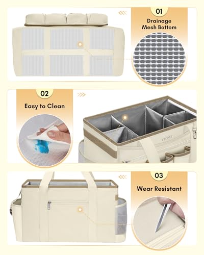 Ytonet Cleaning Caddy Bag with Detachable Apron, Extra Large Cleaning Supplies Organizer with Foldable Dividers, Portable Cleaner Tote with Handle, Cleaner Caddy for Kitchen, Detailing Bag, Apricot - color: Apricot