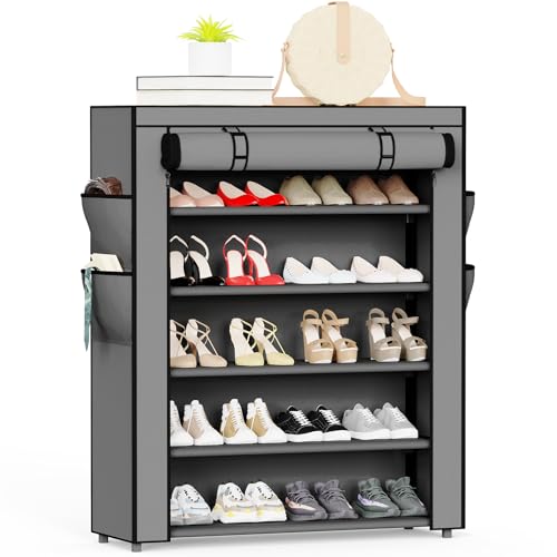 Mavivegue Shoe Rack with Cover, 5 Tier Shoe Organizer for Entryway, Shoe Storage for Front Door Entrance, Closet, Garage, Grey - color: Grey, size: 5-Tier-Large
