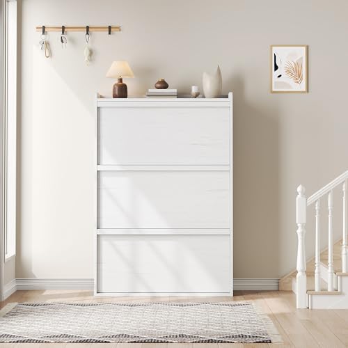 GarveeHome Shoe Cabinet with 3 Flip Drawers, Wooden Shoe Organizer with Adjustable Shelf, Shoe Storage for Entryway, Hidden Shoe Cabinet for Hallway, Living Room, White - color: White, size: 3-Drawers