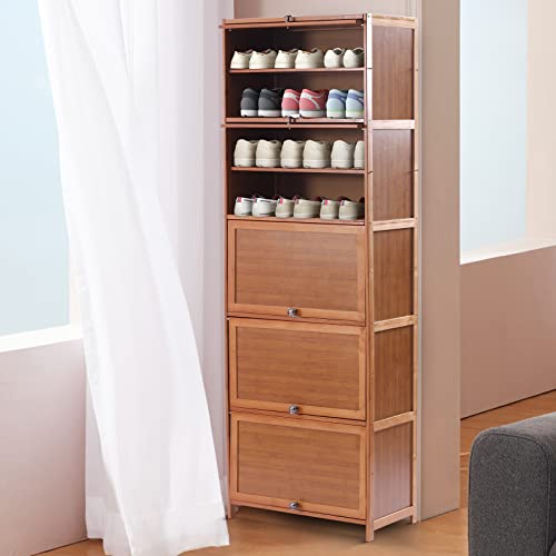Tall Bamboo Shoe Storage Cabinet Bamboo Shoe Rack with Doors, 11 Tier Freestanding Shoes Heels Sneakers Shelf Rack for 20 Pairs Shoe Organizer for Entryway Office Living Room, Brown