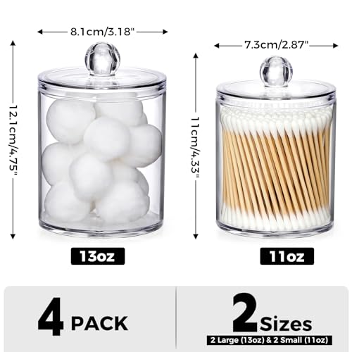 4 Pack Acrylic Qtip Holder Dispenser for Cotton Swabs, Balls, Pads, Floss Picks- Small Clear Acrylic Canister Apothecary Jar Set, Bathroom Essentials Accessories Decor, Vanity Makeup Storage Organizer - color: Clear, size: 4 Pack
