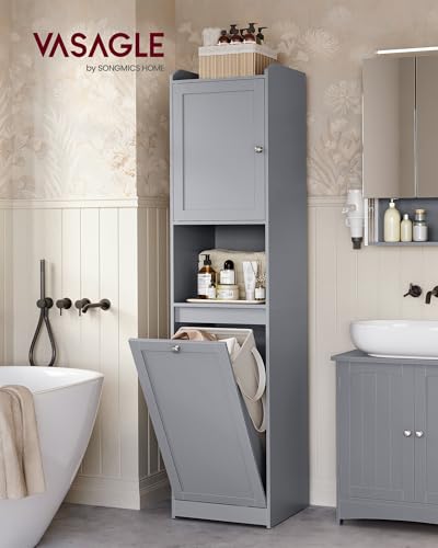 VASAGLE Tall Storage Cabinet, Storage Unit with Removable Laundry Basket, Compartment and Cabinet, for Bathroom, Living Room, 15.8 x 15.8 x 66.9 Inches, Dove Gray UBBC761G02 - color: Dove Gray, size: 15.8"L x 15.8"W x 66.9"H, style: 2 Doors + 1 Laundry Ba