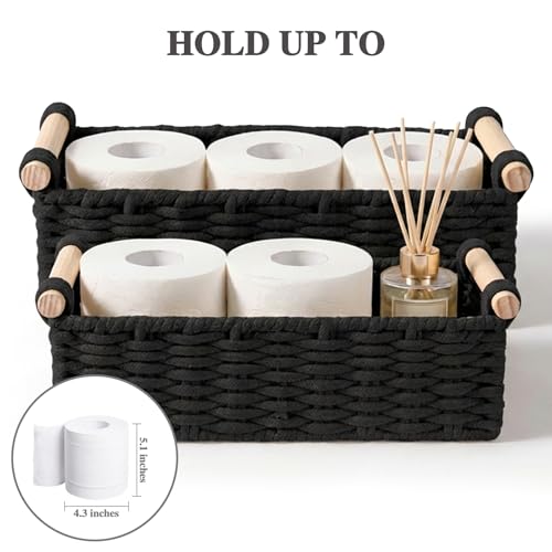 Boho Cotton Rope Storage Baskets Set of 2, Woven Wicker Organizer Bins with Wooden Handles, Small Decorative Boxes for Organizing, Toilet Paper Baskets for Bathroom Countertop, Shelves (Black 2 Pack) - color: Black 2 Pack