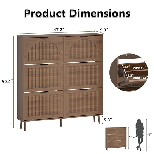 BORNOON Shoe Cabinet for Entryway with 6 Flip Drawers, Slim Wooden Shoe Storage Organizer with Modern Fluted Pannel，Freestanding Narrow Hidden Shoe Rack for Hallway, Foyer, Living Room - color: Walnut, size: 6 Flip Drawers
