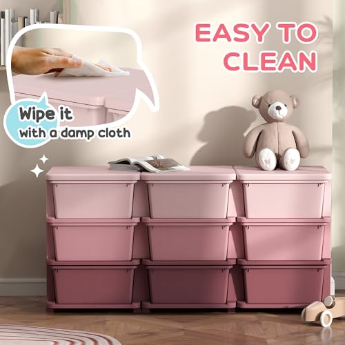 Qaba 3 Tier Kids Storage Unit, Toy Organizers and Storage with 9 Drawer Chest for Kids Bedroom Nursery Kindergarten Living Room for Boys Girls Toddlers, Pink - color: Pink, size: 44.5" x 14.5" x 22.25"