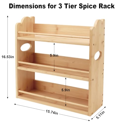 3 Tier Bamboo Spice Rack, Spice Rack Organizer, Seasoning Jars Rack Shelf Spice Organizer for Kitchen Counter or Wall Mounting, Spice Storage Holder with handles, Jars Not Included,Natural - color: Natural with Handles