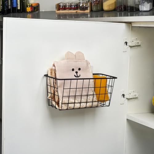 Toplife Kitchen Hanging Basket, No Drilling Cabinet Door Organizer Rack, Wall Adhesive Basket for Cabinet, Cupboard Door, Bathroom, Kitchen Storgae Baskets, Black (2 PacK)