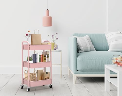 CAXXA 3-Tier Rolling Metal Storage Organizer - Mobile Utility Cart with Caster Wheels, Pink - color: Pink