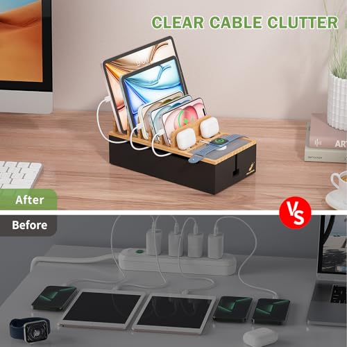 Pezin & Hulin Cable Management Box, Docking Station for Multi Devices, with 5 Ports Charge Adapter and 6 Cables, Wire Organizer for Cords, Box to Hide Cords and Storage Power Strip -Natural + Black - color: Natural+Black