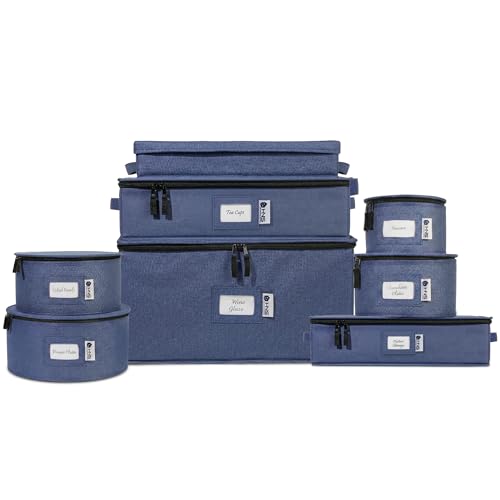 China Storage Hard Shell Containers 8-Piece Set Moving Boxes for Dinnerware, Glasses, Plates, Mugs and Saucers Sturdy Dish Organizer with Dividers for Seasonal Storage - Service for 12 - Denim Blue - color: Denim Blue, size: 8 Pack