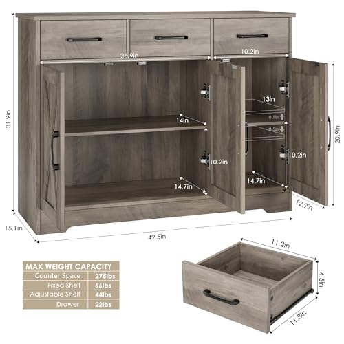 HOSTACK Modern Farmhouse Buffet Sideboard Cabinet, Barn Doors Storage Cabinet with Drawers and Shelves, Wood Coffee Bar with Storage for Dining Room, Kitchen, Living Room, Ash Grey - color: Ash Grey