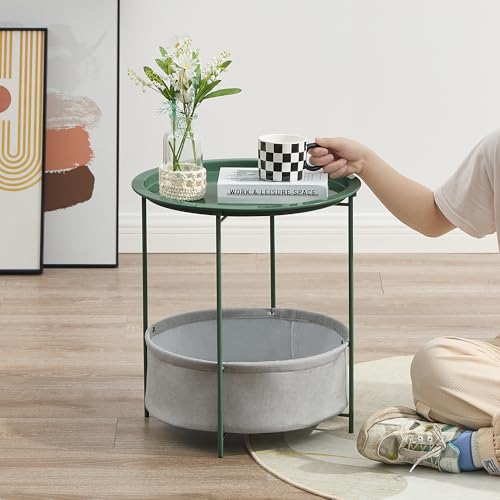 VECELO Round Side/End Table with Fabric Storage Basket，Metal Anti-Rust and Waterproof Small Bedside Nightstand with Removable Tray Top for Living Room，Balcony & Laundry，Dark Green /1pcs with Basket - color: Green, size: 1 PCS