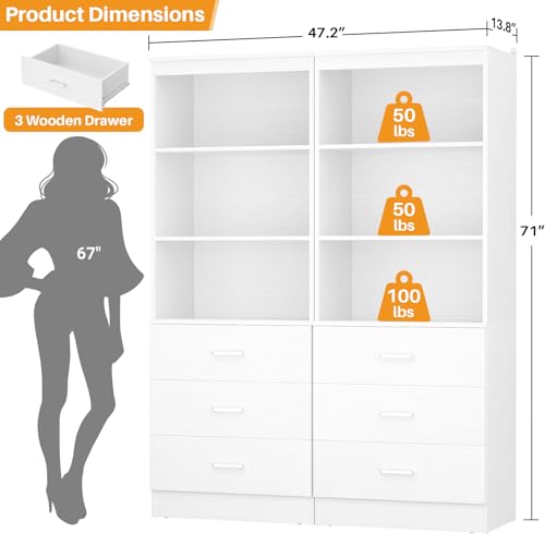 Aheaplus 47.2" Closet Drawers System, 3.94FT Wood Closet Organizer System with 6 Drawers, Modular Small Walk-in Closets Storage Unit, Set of 2, White (47.2" L x 13.8" W x 71" H) - color: White, size: 47.2''