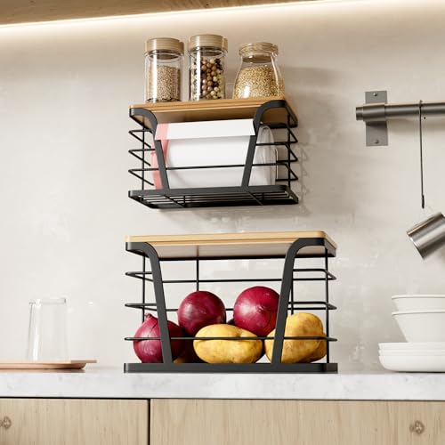 TIDIIABODE 2 Pack Stackable Storage Laundry Kitchen Organizers, Wall Mount Trash Bag Holder with Bamboo Top and Garbage Bag Dispenser No Drill - color: 2-Pack-L&S-Black