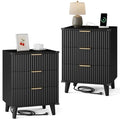 Lulive Wood Nightstand Set of 2 with Charging Station, 3 Drawers Fluted Design, Modern End Table for Bedroom Black - color: Black, size: 3 Drawers-Set of 2 Nightstand