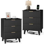 Lulive Wood Nightstand Set of 2 with Charging Station, 3 Drawers Fluted Design, Modern End Table for Bedroom Black - color: Black, size: 3 Drawers-Set of 2 Nightstand