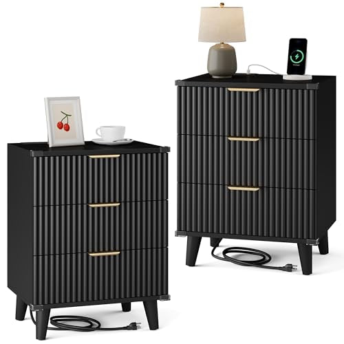 Lulive Wood Nightstand Set of 2 with Charging Station, 3 Drawers Fluted Design, Modern End Table for Bedroom Black - color: Black, size: 3 Drawers-Set of 2 Nightstand