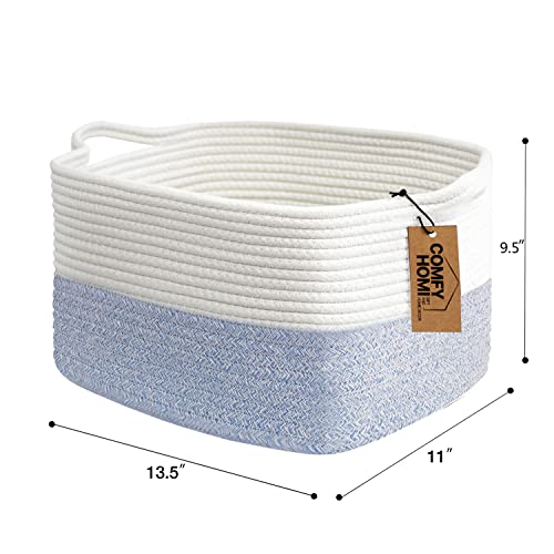 COMFY-HOMI Cotton Rope Woven Basket with Handles for shelf，Toy, Book, Cloth Storage Basket for Organizing-13.5"X11"X9.5" Storage Bin for Living Room, Newborn or Infant Gift for boy girl （White/blue） - color: white/blue, size: 13.5"X11"X9.5"