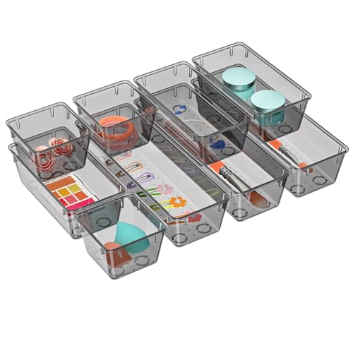 WOWBOX 9 Pack Clear Drawer Organizer Set, Acrylic Drawer Storage Trays, Storage Bins for Makeup, Cosmetics, Jewelries, Utensils, Gadgets, Office, Black - color: Black, size: 9 PCS