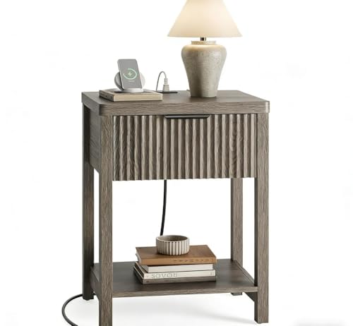 Lulive Fluted Nightstand with Charging Station, 1 Drawer, Contemporary Design (Dark Grey) - color: Dark Grey, size: 1 Drawer-Set of 1 Nightstand