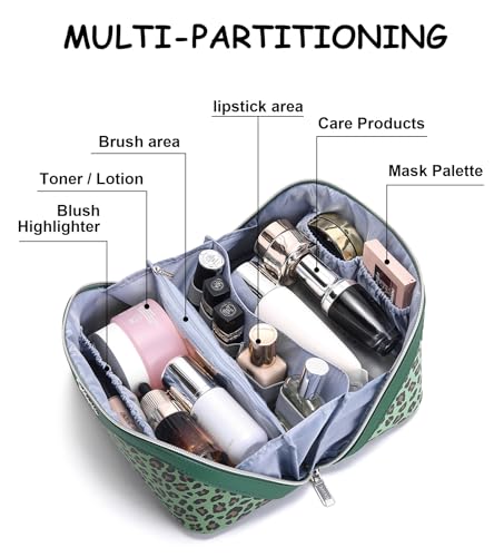 Travel Makeup Bags Organizer for Women: 3 Pcs Set Cosmetic Bag - Large Make up Bag with Compartments - Flat Open Waterproof Leather Toiletry Bags for Skincare, Brushes & Travel Essentials - Green - color: 09-Green