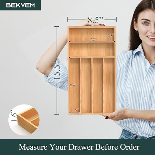 Silverware Organizer, Bamboo Kitchen Drawer Organizer, Utensil Holder, Cutlery Tray & Spoon Flatware Storage with Grooved Drawer Dividers (8.5''W x 15.5''D) - color: Natural, size: 8.5''W x 15.5''D