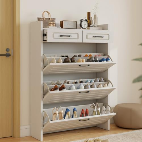 Lakifun Shoe Cabinet for Entryway, Narrow Shoe Storage Cabinet with 3 Flip Drawers and 2 Top Drawers, Modern Shoe Rack Organizer Cabinet for Hallway, Apartment, Living Room, White - color: White