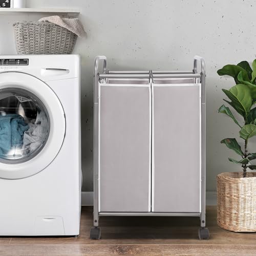 STORAGE MANIAC Laundry Sorter 2 Section, 90 L Gal Laundry Hamper with Wheels, Clothes Basket Separator Sorter, 2 Bag Clothes Cart with Wheels and Removable Bags for Closet, Dorm, Collage, Grey - color: Gray, size: 2 Section