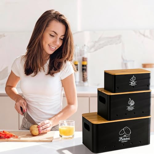 Potato Onion and Garlic Storage Bin Set of 3, Black Metal Kitchen Vegetable Canisters with Bamboo Lid and Aerating Holes, Stackable Kitchen Storage Tin for Countertop Pantry - color: B - Black Vegetable Canisters