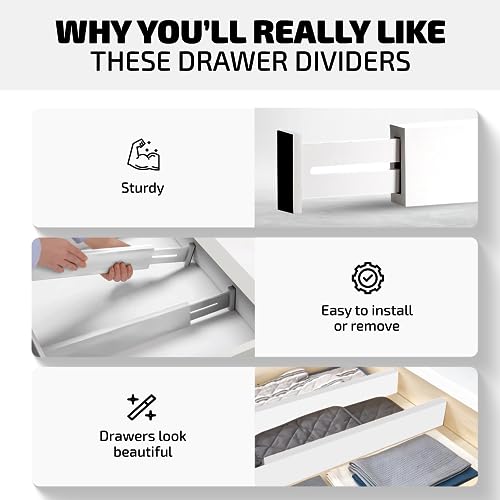 4-Pack Bamboo Drawer Dividers - 12.2 to 17.3 Inches Deep, 2.6 Inches High, Adjustable Expandable Drawer Organizer Dresser Separator for Clothes, Utensils, Kitchen, Bathroom, Office Storage, White - color: White, size: 2.6-Inch High (4-pk)