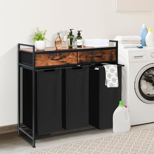 Laundry Sorter 3 Section, 180L Laundry Hamper Basket with Shelf and 2 Drawers, 3 Compartment Clothes Storage Organizer Cart, Pull-Out Removable Oxford Fabric Bags, Rustic Brown and Black - color: Brown, size: 180L