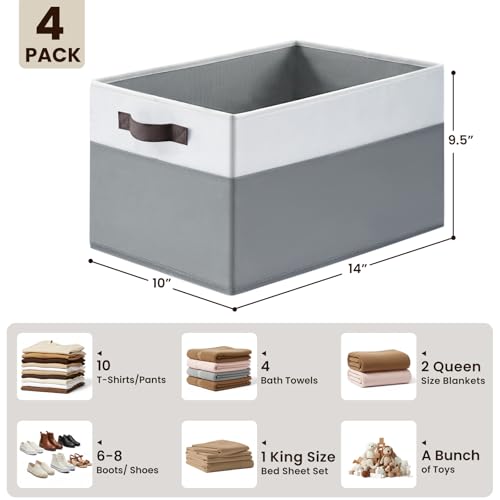 4 Pack Large Closet Storage Baskets Bins for Shelves | Fabric Closet Organizers and Storage with Handles Home Organization | Decorative Collapsible Baskets for Organizing Clothes Toy Nursery 14"x10" - color: White with Grey, size: 4pcs - Rectangular 14"x1