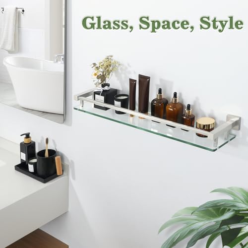 Alise Glass Bathroom Shelves Wall Mounted, 24 Inch Tempered Floating Shelves Bathroom, Stainless Steel Bathroom Glass Shelf - color: Brushed Nickel, size: 24 Inch