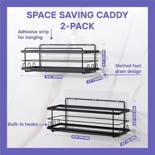 KINCMAX Iron Shower Caddies - Self Adhesive Bathroom Shelves for Showers - Wall Organizer Shampoo Holder Shelf - Peel and Stick On Caddy Bath Tub Rack - Pack of 2 Holders - Black - style: 2-Pc Caddies - Straight, Black