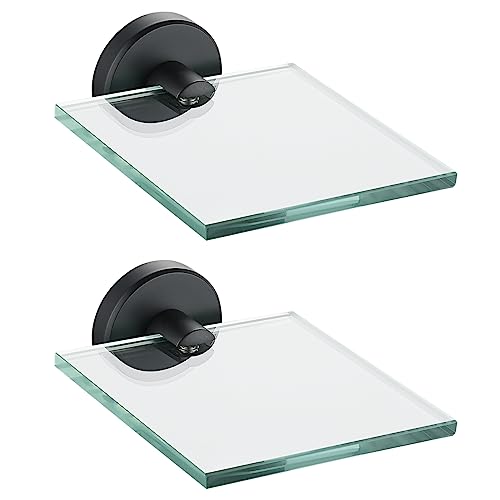 JQK Small Floating Glass Shelves Black, 4 Inch Display Ledges for Wall, Mini Decor, Living Room Bedroom Bathroom, Tempered Glass Shower Storage, 2 Pack, TGS101L4-PB-P2 - color: Black, size: 4 Inch (2 Pack)