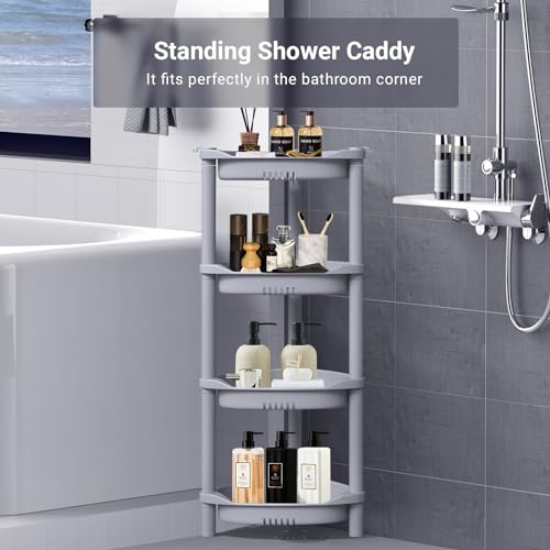 ELYKEN 4 Tier Shower Caddy Organizer Shelf Corner, 14.4 x 11.2 x 31.5 Inches, Rustproof, Plastic Shower Rack Stands for Inside Bathroom, Bathtub, Shower Pan, Grey - color: Grey, size: 4-Tier