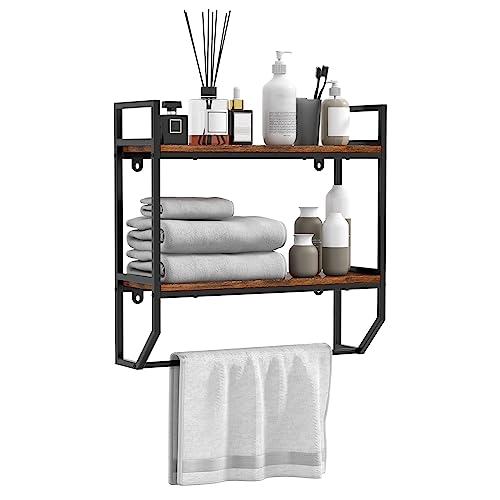 GOFLAME 2-Tier Industrial Bathroom Shelves with Towel Bar, Over the Toilet Shelf Wall Mounted with Metal Frame, Wall Storage Organizer Shelf for Bathroom, Living Room, Kitchen, Rustic Brown