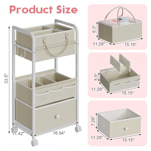 Cidaziya 2In1 Baby Diaper Caddy Organizer and Storage, 3 Tier Rolling Cart with Drawer, Mobile Utility Cart Baby Dresser Clothes Organizer for Crib, Art & Craft Storage, White, 17"W x 11.42"D x 33.5"H - color: White, size: 17"W x 11.42"D x 33.5"H